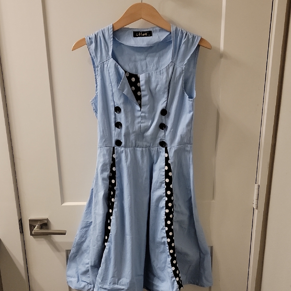 Faux Vintage 1950s Style Sleeveless Dress with Polka Dot Accents